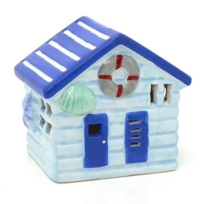 Image of Blue LED Ceramic Beach Hut Nautical House Ornament Light Up Coastal Decoration 11cm