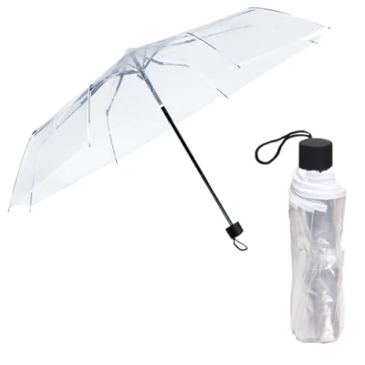Image of Small Women Folding Strong Umbrella Clear Transparent Brolly See Through PVC Plastic Men Bride Party Fashion Portable Mini Dome For Events Walking Handbag Travel Festival
