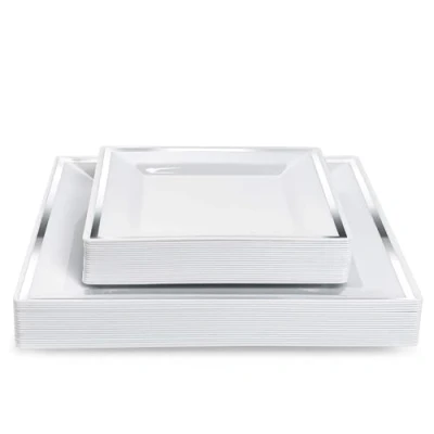 Image of MATANA 80 Premium White Square Plastic Plates with Silver Rim 40 25cm Dinner Plates, 16.5cm Dessert Elegant &amp; Reusable Party for Weddings, Birthdays, BBQ, Parties