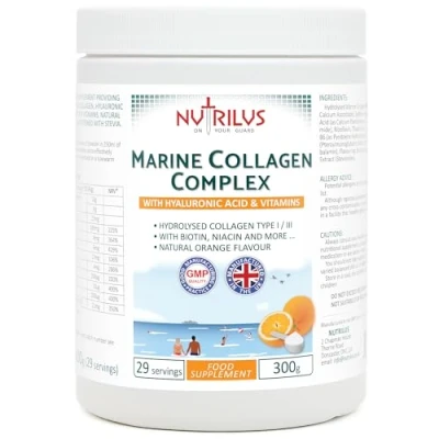 Image of Hydrolysed Marine Collagen Powder 300g with Hyaluronic Acid and Vitamins 29 Servings Biotin, Folic Acid, B12 &amp; more High Protein for Skin, Hair, Nails, Joints (Orange)