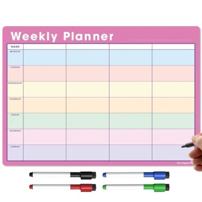 Image of TMS A3 Magnetic Weekly Planner and Organiser Fully Customisable Whiteboard for Family or Business Tasks Meal Planning With 4 Free Dry Wipe Pen (Pink Multi Coloured, A3)