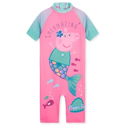 Image of Peppa Pig Girls Swimming Costume Summer Holiday Essentials Short Sleeve Childrens Swimwear 2 6 Years Comfortable One Piece Full Body Swimsuit Beach Pool (Pink, 5 Years)