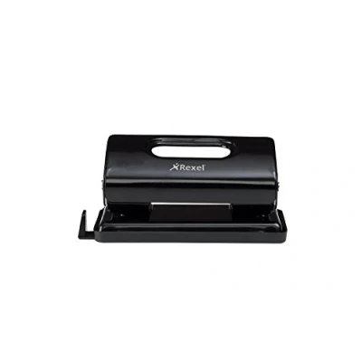 Image of Rexel Value 210 2 Hole Punch, 10 Sheet Capacity, Adjustable Guide Bar, Metal, Black, 2100759