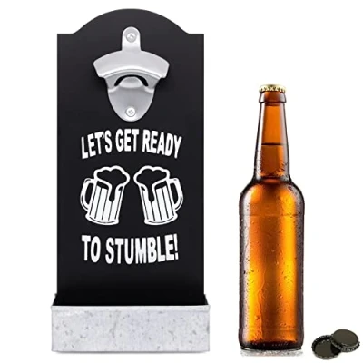 Image of Retro Irish Slogan Beer Bottle Opener &amp; Cap Catcher Wall Mounted, Black Wooden Hangable Decor for Kitchen, Bar, Man Cave, Game Room