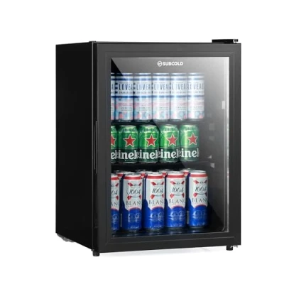 Image of Subcold Cave60 LED Glass Door Beer Fridge for Wine &amp; Drinks Mini Chiller with Can Dispenser Quiet Small Frost Free Larder 54 Cans (Black)