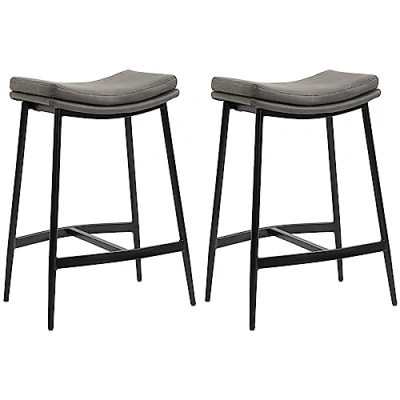 Image of HOMCOM Breakfast Bar Stools Set of 2, Microfibre Upholstered Barstools, Industrial Chairs with Curved Seat and Steel Frame for Dining Room, Kitchen, Grey