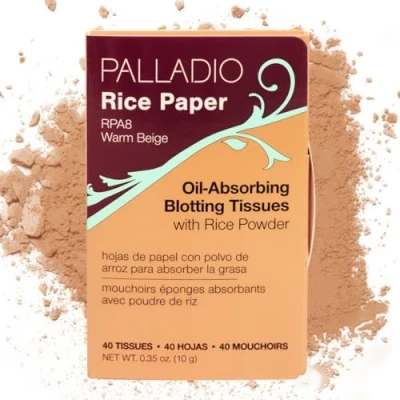 Image of Palladio Rice Paper Facial Tissues for Oily Skin, Face Blotting Sheets Made from Natural Rice, Oil Absorbing with Powder, 2 Sided, Instant Results, Translucent, 40 Count, Pack of 1