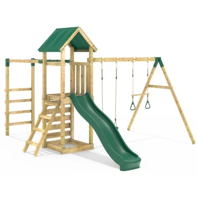 Image of Rebo® Children&#039;s Adventure Playset Wooden Climbing Frame with Monkey Bars, Swings and Slide Logan OutdoorToys Sturdy Construction, Pressure Treated Timber