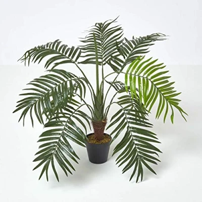 Image of HOMESCAPES Green Mini Palm Tree Artificial Plant Tropical Office Home Indoor in Black Pot, 70 cm (28&quot;)