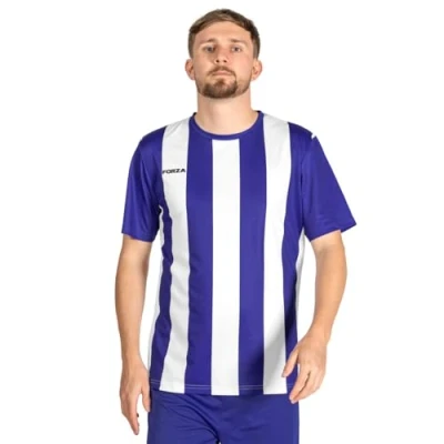Image of FORZA Men’s Striped Jersey Shirt [XS XXL] Premium Short Sleeve Football T Shirts 5 Stripe Colour Options (Blue and White, S)