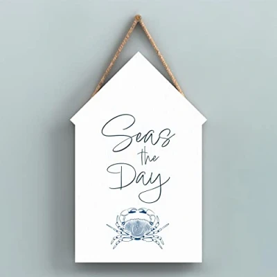 Image of Global Designs Seas The Day Coastal Blue Nautical Sign Wooden Beach Hut Hanging Plaque