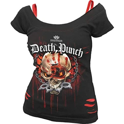 Image of Spiral Direct Women&#039;s 5Fdp Assassin Licensed Band 2In1 Red Ripped Top Black Regular Fit T Shirt, (Black &amp; 005), 20 (Manufacturer Size:XL)