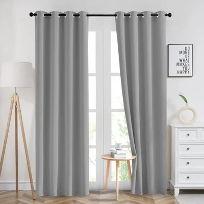 Image of Imperial Rooms Blackout Eyelet Curtains for Living Room 66x90 Inch Luxury Thermal Insulated Darkening Extra Long Light Grey Curtain 2 Panel with Two Tiebacks