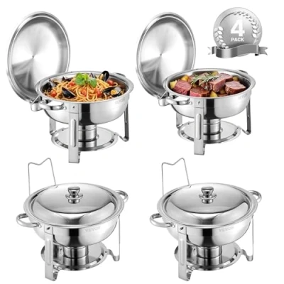 Image of VEVOR Chafing Dish Buffet Set, 5 Qt 4 Pack, Stainless Steel Chafer with Full Size Pans, Round Catering Warmer Server Lid Water Pan Folding Stand Clip, for Weddings Parties Banquets, Silver