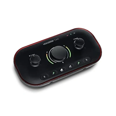 Image of Focusrite Vocaster Two — Podcasting Interface for Recording Host and Guest. Mic Inputs Head phone Outputs, with Auto Gain, Enhance, Mute. Small, Lightweight, Powered by Computer.