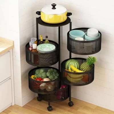 Image of HshDUti Rotating Storage Rack for Kitchen, Fruit and Vegetable Basket Bowls Kitchen with Metal Top Lid, 5 Tier Circular Large Wheels, Wire Organizer Blac