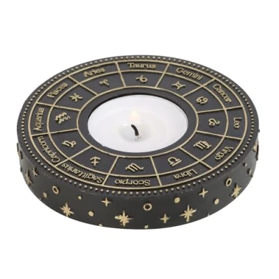 Image of Astrology Wheel Tealight Candle Holder Handcrafted Metal Stand with Zodiac Signs, Ideal for Home Decor and Spiritual Ambiance, Gift Enthusiasts