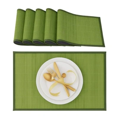 Image of Relaxdays Table Set of 6 Place Mats, Bamboo, Non Slip Placemats, Washable, 30 x 45 cm, Green, Wood, 0.3 cm