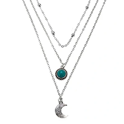Image of Prosy Layered Boho Turquoise Pendant Necklaces Silver Moon Choker Necklace Chain Adjustable Jewelry for Women and Girls