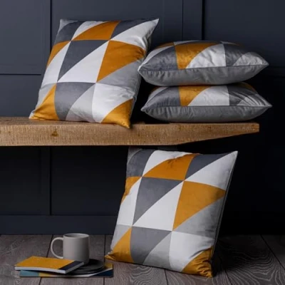 Image of Red Rainbow Pack of 4 Grey &amp; Mustard Yellow Soft Mink Velvet Geometric Print Design 18 inch Cushion Covers