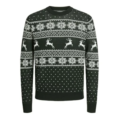Image of JACK &amp; JONES Men&#039;s Jjxmas Gabriel Knit Crew Neck Jumper, Scarab/Pattern: w. Cloud Dancer, S