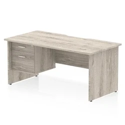 Image of Impulse 1600 x 800mm Scalloped Edge Straight Office Desk Grey Oak Top Panel End Leg Workstation 1 2 Drawer Fixed Pedestal