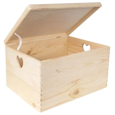 Image of Creative Deco XXL Large Plain Wooden Storage Box Chest 40x30x24 (+/ 1 cm) Hinged Lid &amp; Heart Handles Unpainted Gift for Christmas Xmas Kitchen UNSANDED Wood Keepsake Memory Craft