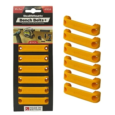 Image of StealthMounts Bench Belt Plus Universal Tool Holder + Set Perfect Hanger Storage Dock for Power Tools, Tape Measures and Clips (Yellow)