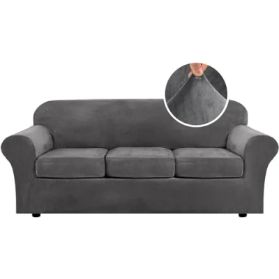Image of LINGKY Velvet Sofa Cover 3 Seater With Separate Seat Cushion Covers, Stretch Couch Non Slip Slipcovers for Living Room Furniture Protector (Gray,3 Seater)