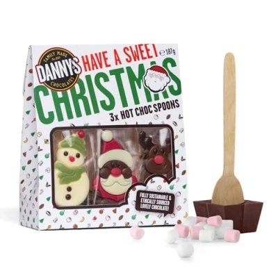 Image of Danny&#039;s Christmas Chocolate Friends Hot Spoons with Marshmallows + Santa, Snowman &amp; Rudlof Characters 3 x 50g Mighty Milk Stirrer Xmas Eve Box Fillers Secret Santa