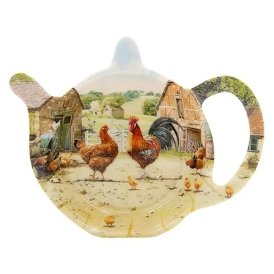 Image of Teabag Tidy Holder Dish Melamine Cockerel &amp; Hen Kitchen Tableware Farm Design