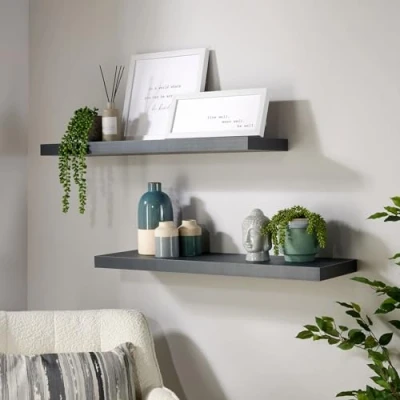 Image of Home Source Pair of 2 Floating Wall Mounted Storage Shelf Wooden DVD Book Shelves, Matt Grey, 80 cm