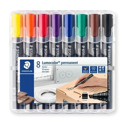 Image of STAEDTLER 350 WP8 Lumocolor Permanent Marker, Chisel Tip 2 5mm Line Width Assorted Colours (Pack of 8)