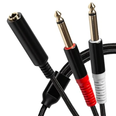 Image of PROSOUND Twin 1/4&quot; 6.3mm 2 Pole Jack Plugs to Single 6.35mm Female Socket Cable, 0.2m