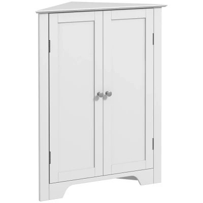 Image of kleankin Triangle Bathroom Cabinet, Corner Storage Unit with Adjustable Shelf and Recessed Door, Free Standing, White