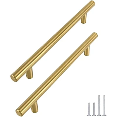 Image of goldenwarm 10pcs 256mm Brass Wardrobe Door Handles Golden Stainless Steel Modern Kitchen Cabinet T Bar Pull Knob Brushed
