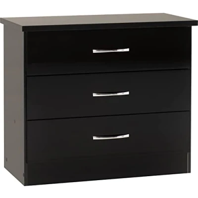 Image of Seconique 3 Drawer Chest, Engineered Wood, Black Gloss, W 810mm x D 400mm H 705mm
