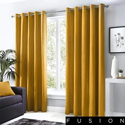 Image of Fusion W66 x L90 Eyelet Curtains 100 Bedroom/Living Room Door Curtain Thermal Drapes/Window Treatment Sorbonne Collection, 100% Cotton, Ochre/Mustard Yellow, 66&quot; Width 90&quot; Drop (168 229cm)
