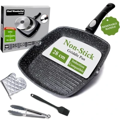 Image of Chef Wonderful Non Stick Griddle Pan for All Hobs with Glove &amp; Brush. Aluminium Steak (28cm) Marble Coating Detachable Handle. Induction Gas hobs. Grill Oven