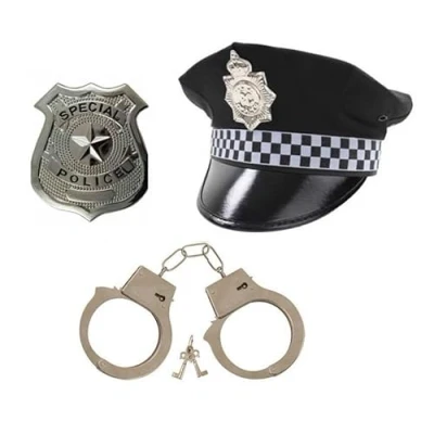 Image of jokeshop Adults Mens 3pc Set (Police Hat, Handcuffs &amp; Badge) Policeman Peak Cap Fancy Dress Costume Accessory