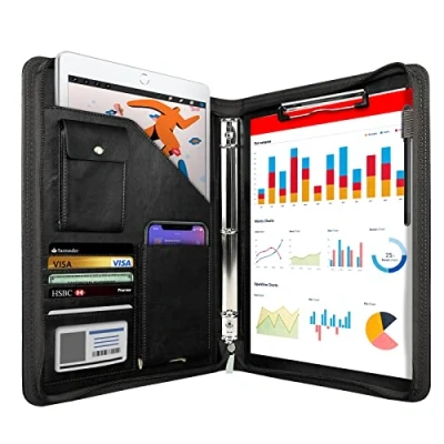 Image of WRIYES Zipped Portfolio Folder A4, Leather Padfolio with 3 Ring Binder, Professional Conference Folder, Personal Work Organiser, Travel Document Holder (Black)
