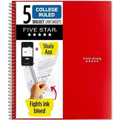Image of Five Star Spiral Notebook, 5 Subject, College Ruled Paper, 200 Sheets, 11&quot; x 8 1/2&quot;, Color Selected For You (06208)
