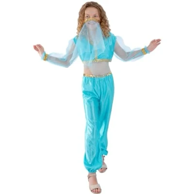 Image of Smiffys Arabian Princess Costume, Blue with Trousers, Top &amp; Headpiece, Girls Fancy Dress, Storybook Character Dress Up Costumes