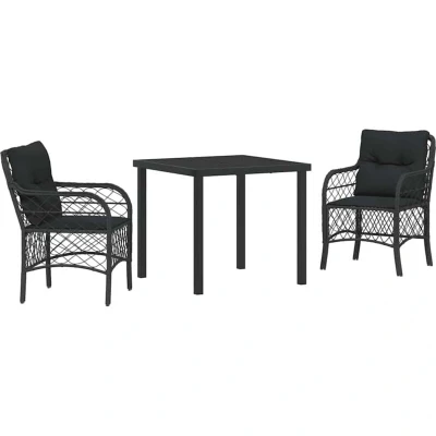 Image of vidaXL 3 Piece Garden Dining Set with Cushions Black Poly Rattan