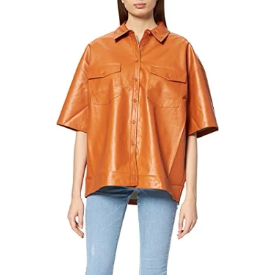 Image of NA KD Women&#039;s Oversized Short Sleeve PU Shirt, Orange, 12 UK
