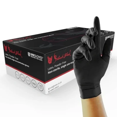 Image of Unigloves Select Black Latex Gloves Powder Free Disposable for Beauty, Piercing and Tattoo Artists Box of 100 Gloves, Black, Medium (GT0023)