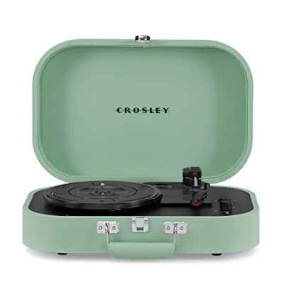 Image of Crosley Discovery Portable Turntable Bluetooth Record Player, 3 Speed Suitcase Vinyl Home Turntables for Records, Built in Stereo Speakers &amp; Receiver, AUX Input, Seafoam