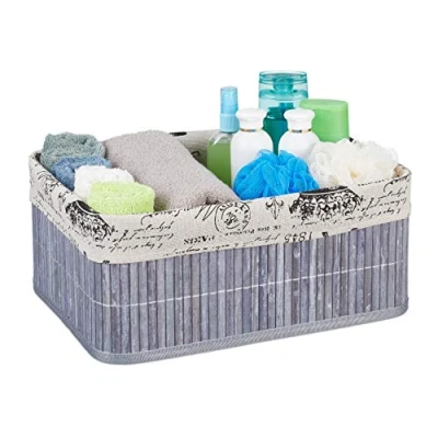 Image of Relaxdays Storage Basket, Fabric Cover with Retro Pattern, Bamboo, Bathroom Organiser, 16.5 x 38 28.5 cm, Grey
