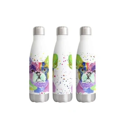 Image of French Bulldog Frenchie Dog Pet Watercolour rainbow art Bottle double Wall insulated Stainless steel sport Drinks 500ml WHITE Gift ideal for school work office Oudoor sports keeps Hot and Cold