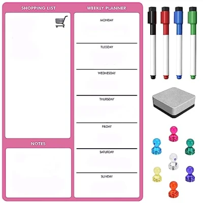 Image of TMS A3 Magnetic Weekly Meal Planner and Organiser Whiteboard Planner, Shopping List Memo Board for Home Office with 4 Dry Wipe Pens Eraser (Pink Magnets, A3)